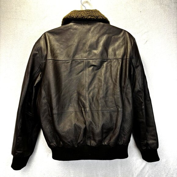 St Johns Bay Leather Sherpa Collar Aviator Jacket Mens Large Black Bomber Coat - Picture 2 of 16